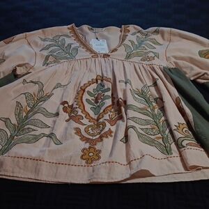 Zara Beige Dress with Green and Orange Embroidery